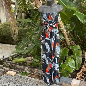 Patrons of peace, strapless, cropped, tropical floral jumpsuit